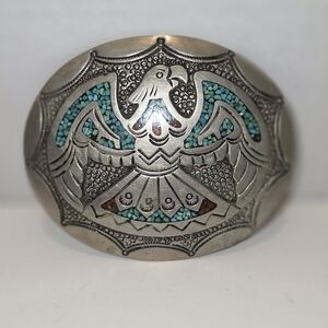 J NEZZIE Navajo Mosaic Turquoise Eagle Belt Buckle